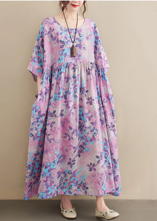 Bohemian Light Purple Oversized Print Cotton Holiday Dress Summer - Image 2