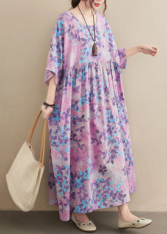 Bohemian Light Purple Oversized Print Cotton Holiday Dress Summer - Image 3