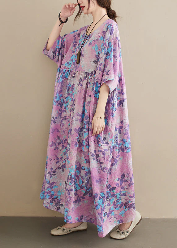 Bohemian Light Purple Oversized Print Cotton Holiday Dress Summer - Image 4