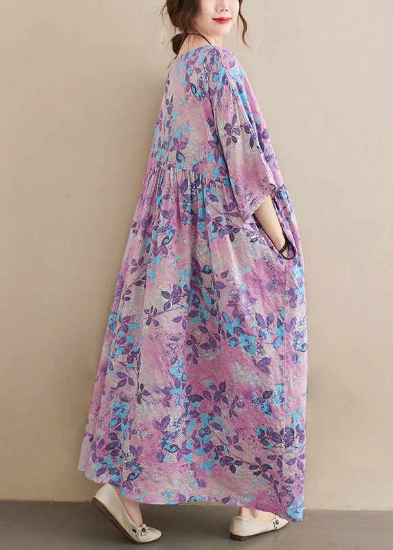 Bohemian Light Purple Oversized Print Cotton Holiday Dress Summer - Image 5