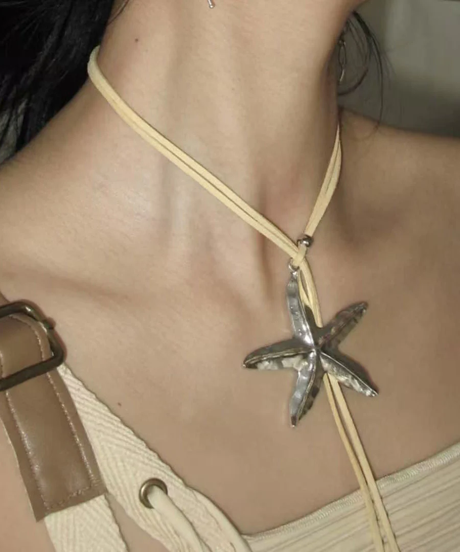 Bohemian Light Yellow Alloy Leather Starfish Pendant Necklace - Image 5