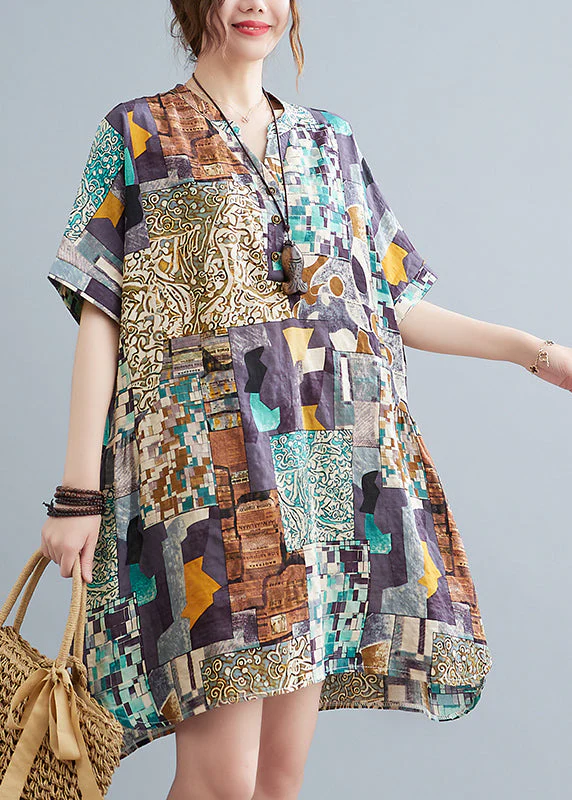 Bohemian Loose Red V Neck Print Cotton Mid Dress Summer - Image 2