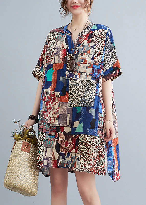 Bohemian Loose Red V Neck Print Cotton Mid Dress Summer - Image 3