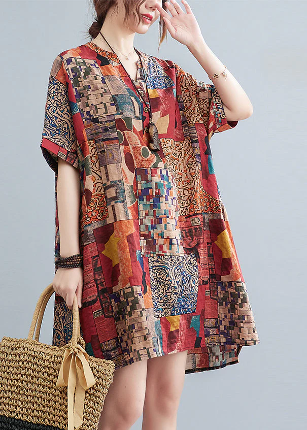 Bohemian Loose Red V Neck Print Cotton Mid Dress Summer - Image 4