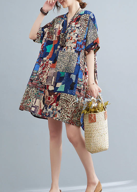 Bohemian Loose Red V Neck Print Cotton Mid Dress Summer - Image 5