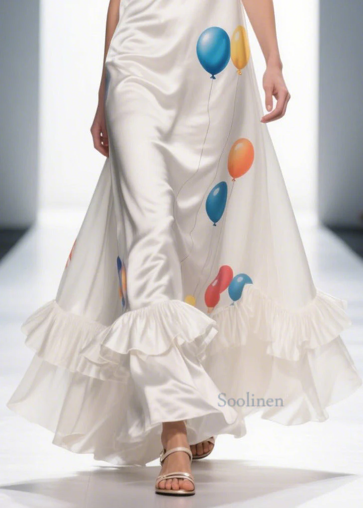 Bohemian Milk White Ruffled Print Silk Vestidos Dress Summer - Image 4