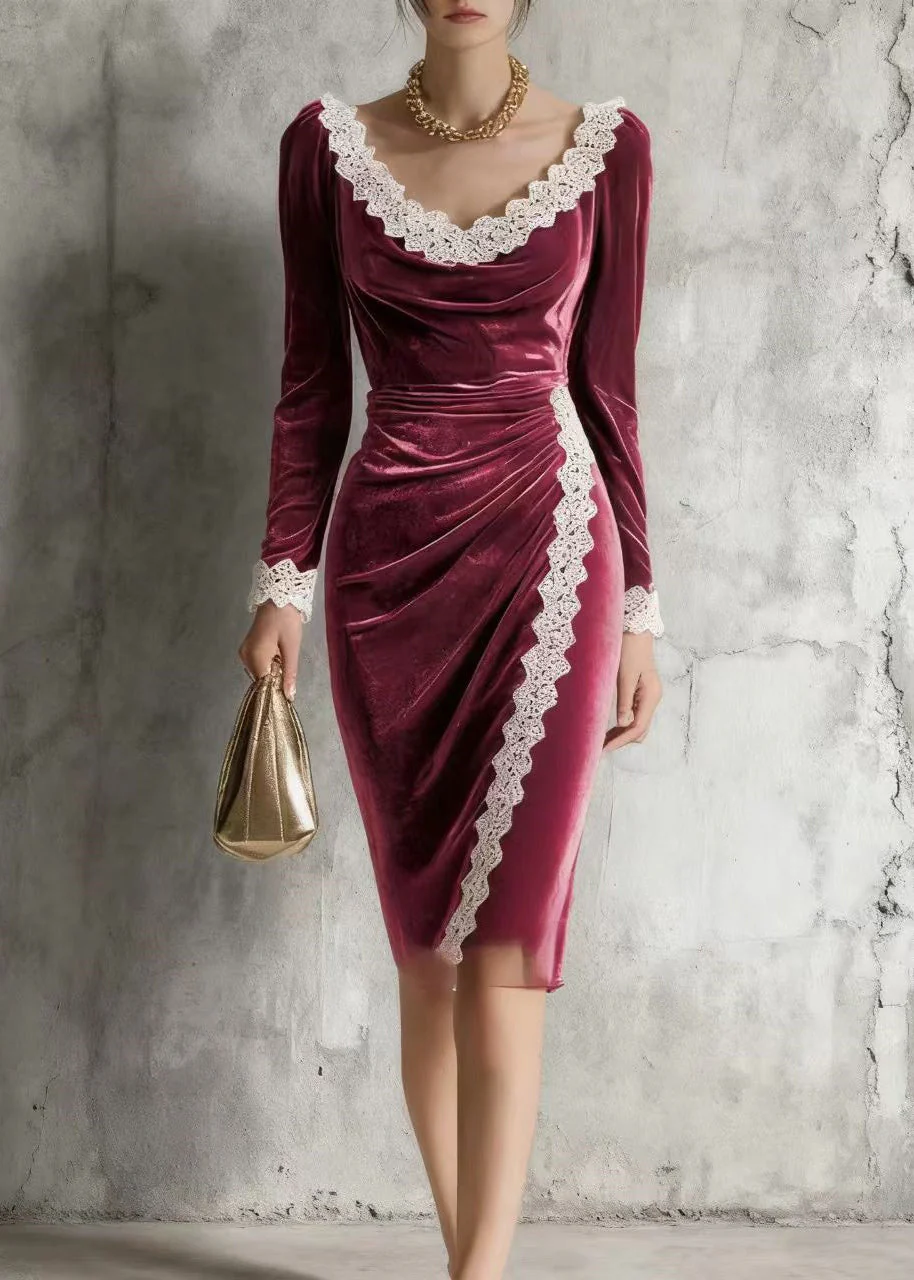 Bohemian Mulberry O-Neck Lace Patchwork Silk Velvet Mid Dress Spring