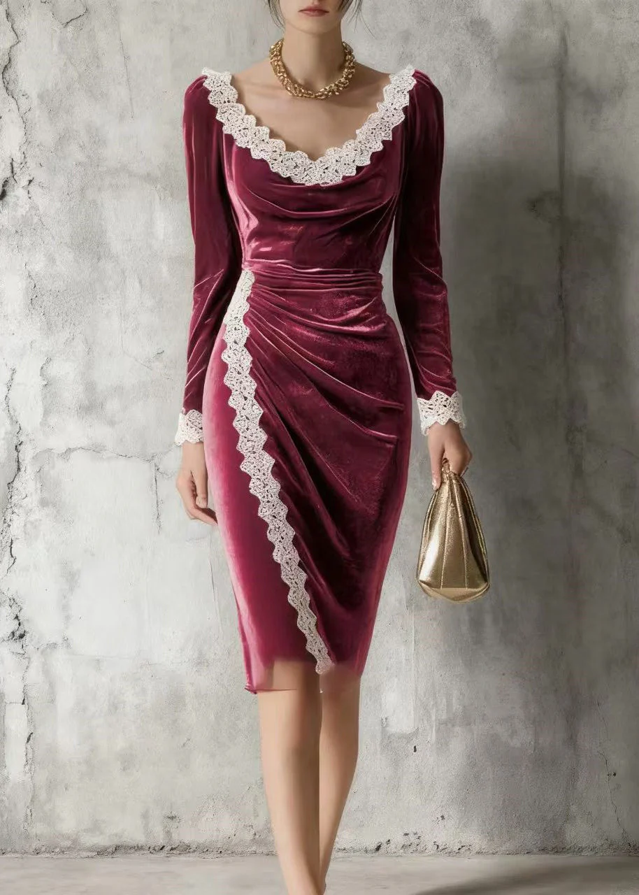 Bohemian Mulberry O-Neck Lace Patchwork Silk Velvet Mid Dress Spring - Image 3
