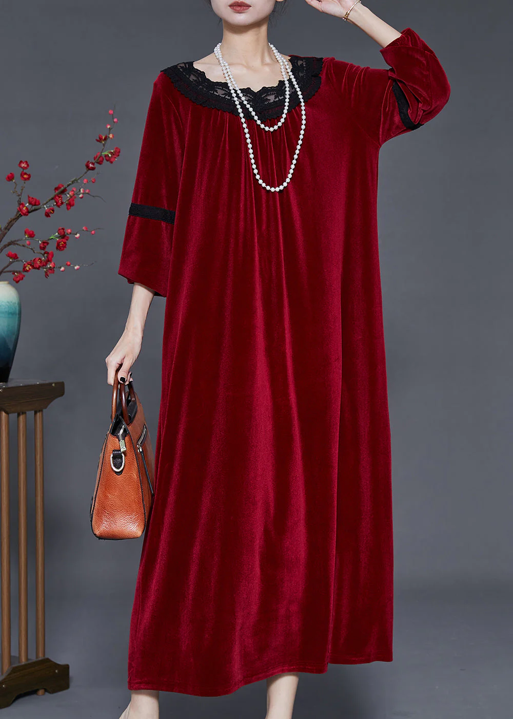 Bohemian Mulberry Oversized Patchwork Lace Silk Velvet Dress Fall - Image 2