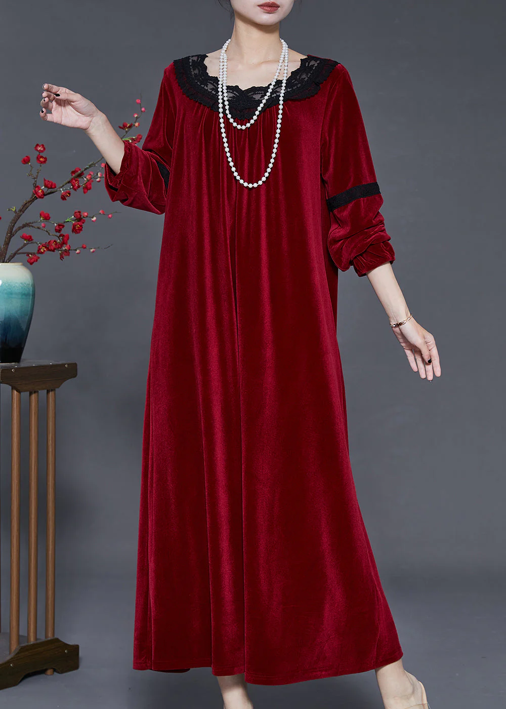 Bohemian Mulberry Oversized Patchwork Lace Silk Velvet Dress Fall - Image 3
