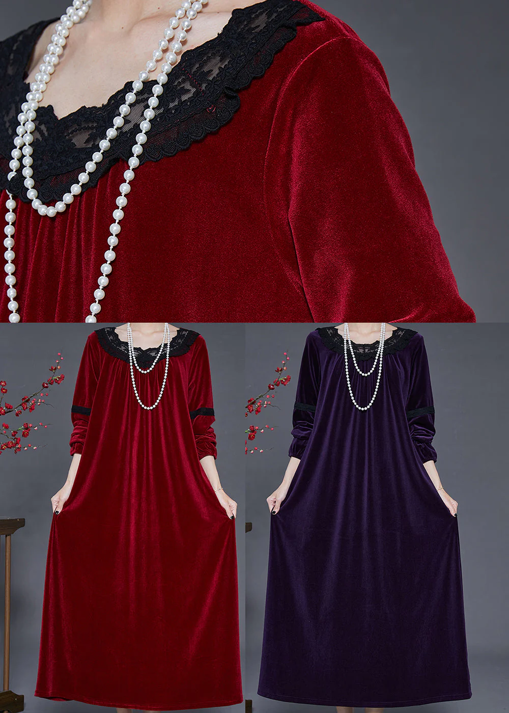 Bohemian Mulberry Oversized Patchwork Lace Silk Velvet Dress Fall - Image 5