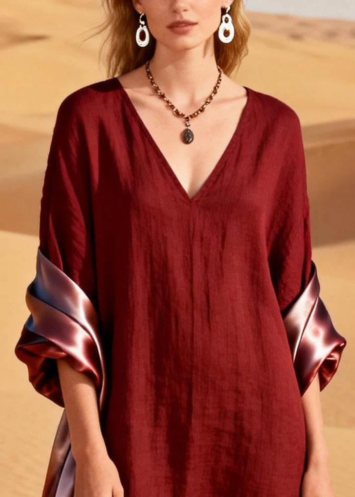 Bohemian Mulberry V Neck Patchwork Cotton Maxi Dresses Summer - Image 2