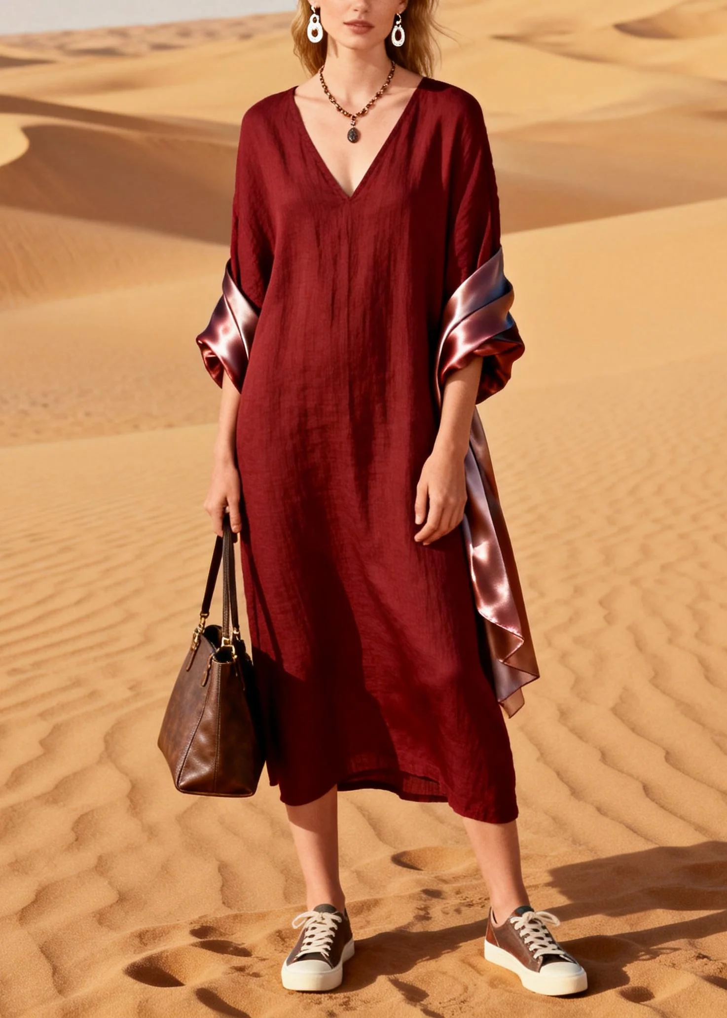 Bohemian Mulberry V Neck Patchwork Cotton Maxi Dresses Summer - Image 3