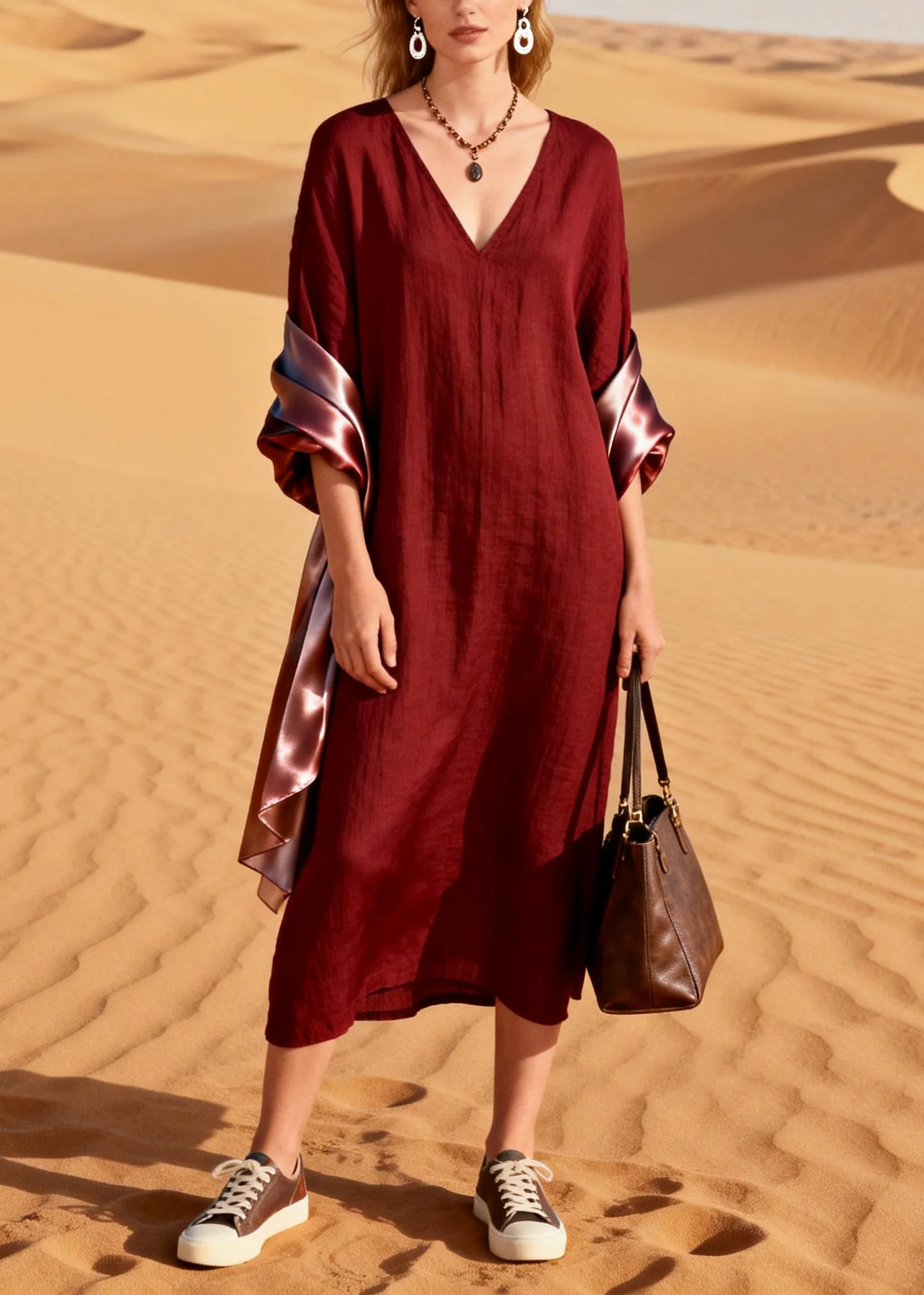 Bohemian Mulberry V Neck Patchwork Cotton Maxi Dresses Summer - Image 5