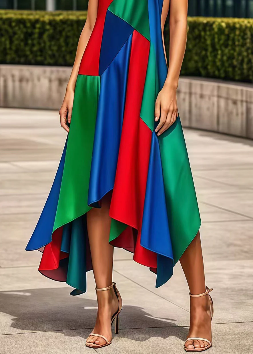 Bohemian Multicolor Asymmetrical Patchwork Silk Maxi Dresses Summer - Image 4