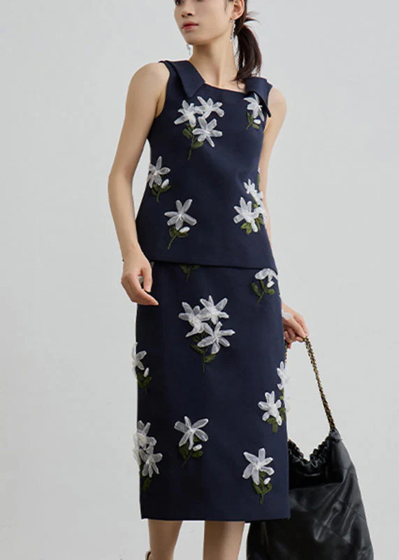 Bohemian Navy Floral Vest And Maxi Skirts Two Piece Set Sleeveless - Image 3
