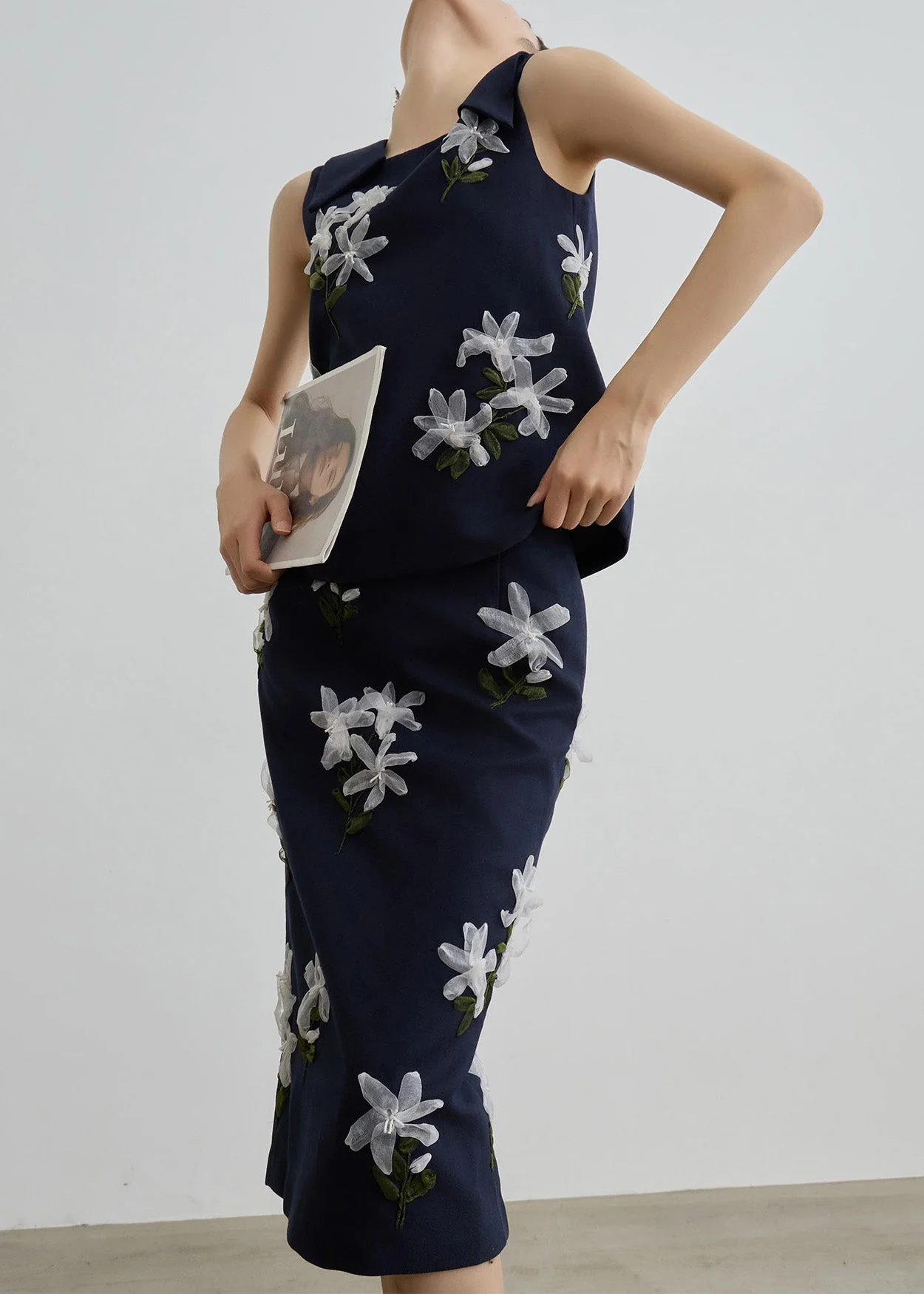 Bohemian Navy Floral Vest And Maxi Skirts Two Piece Set Sleeveless - Image 4