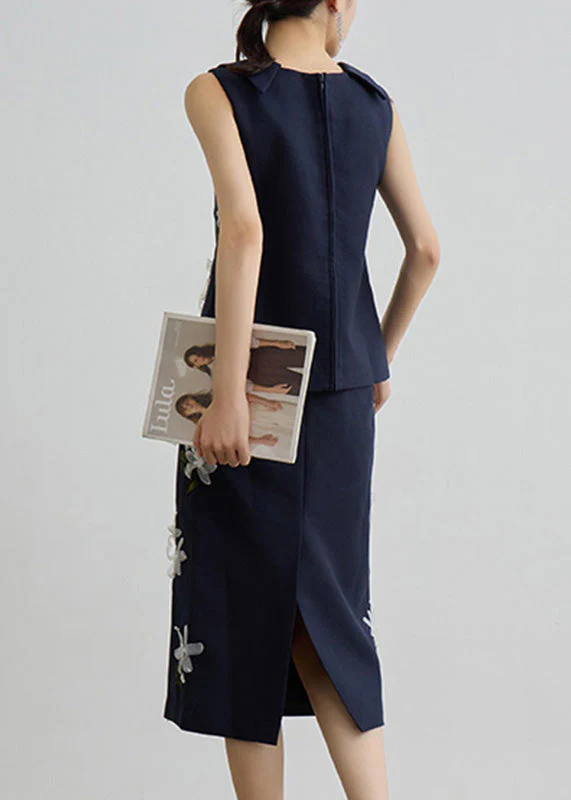 Bohemian Navy Floral Vest And Maxi Skirts Two Piece Set Sleeveless - Image 5