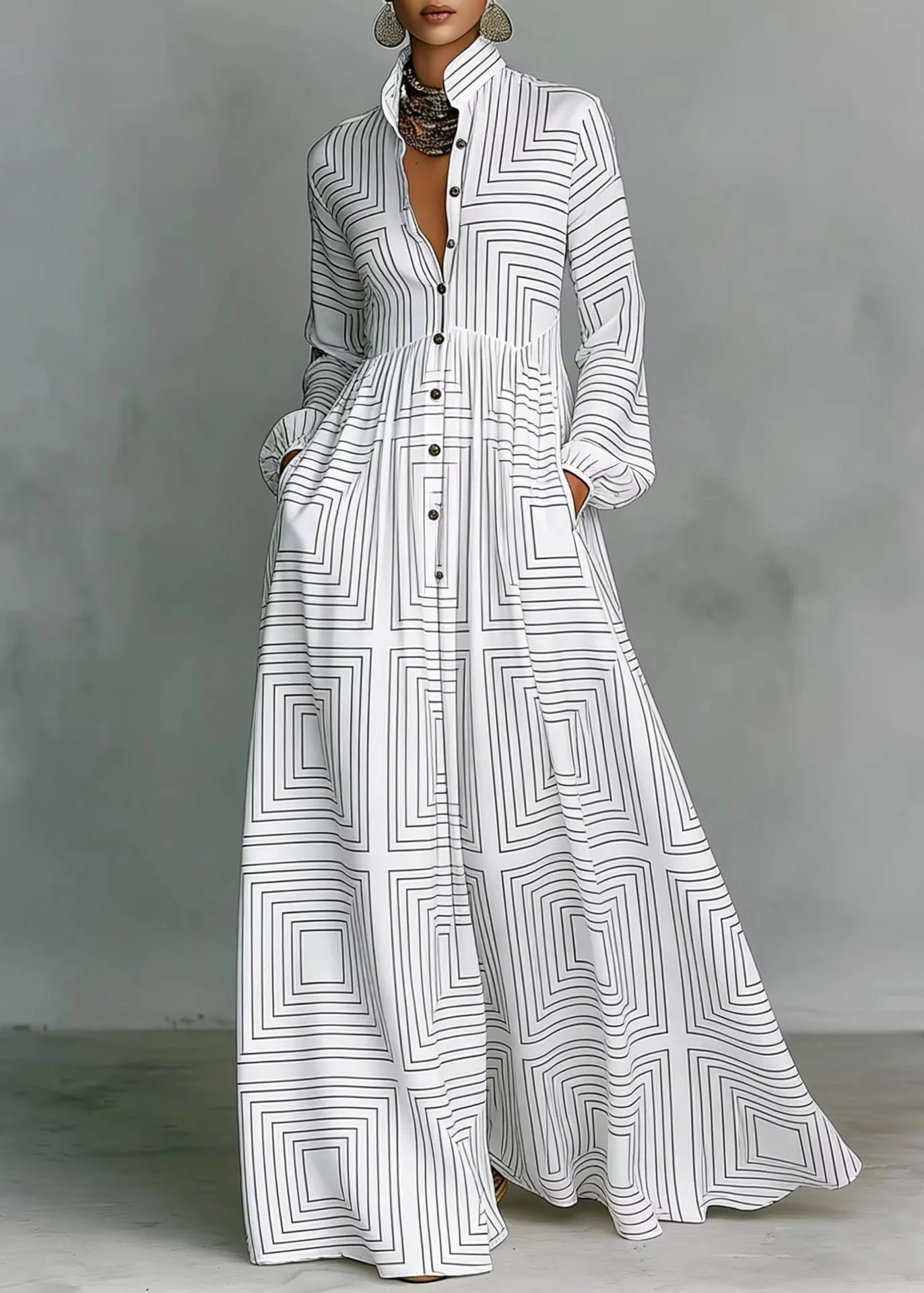 Bohemian Navy Print Pockets Cotton Long Dress Fall - Image 3