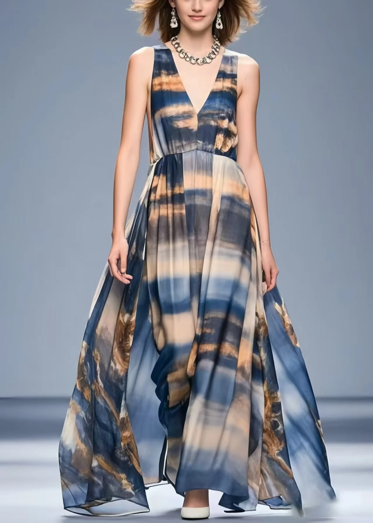 Bohemian Navy Tie Dye Exra Large Hem Chiffon Beach Dress Summer - Image 5