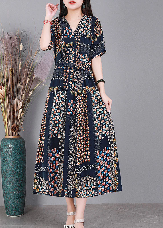 Bohemian Navy V Neck Print Drawstring Silk Long Dress Short Sleeve - Image 2