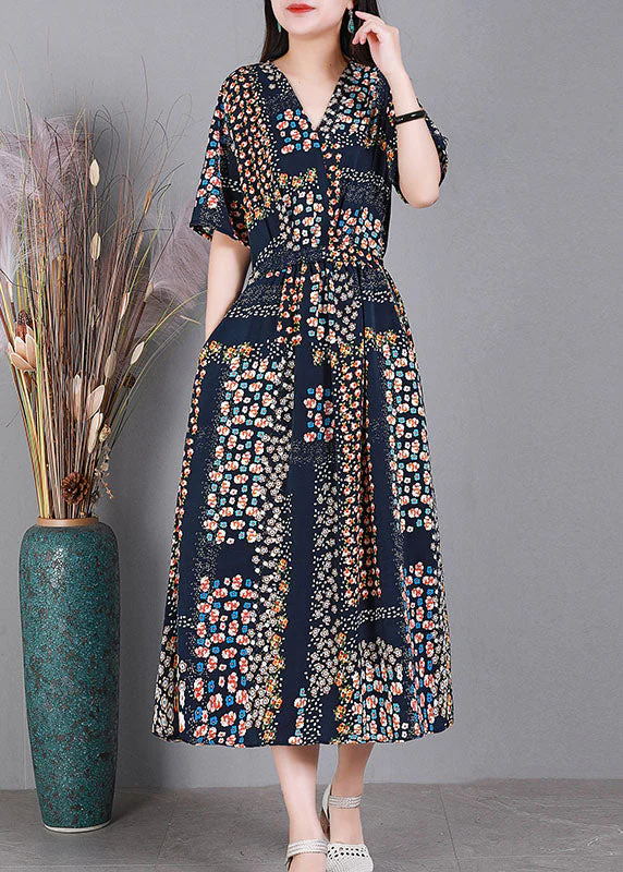 Bohemian Navy V Neck Print Drawstring Silk Long Dress Short Sleeve - Image 3