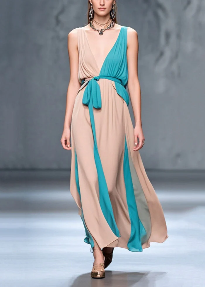 Bohemian Nude Asymmetrical Patchwork Chiffon Maxi Dress Summer - Image 3