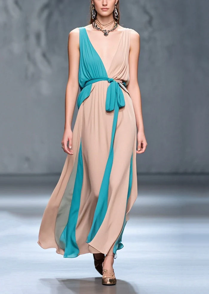 Bohemian Nude Asymmetrical Patchwork Chiffon Maxi Dress Summer - Image 5
