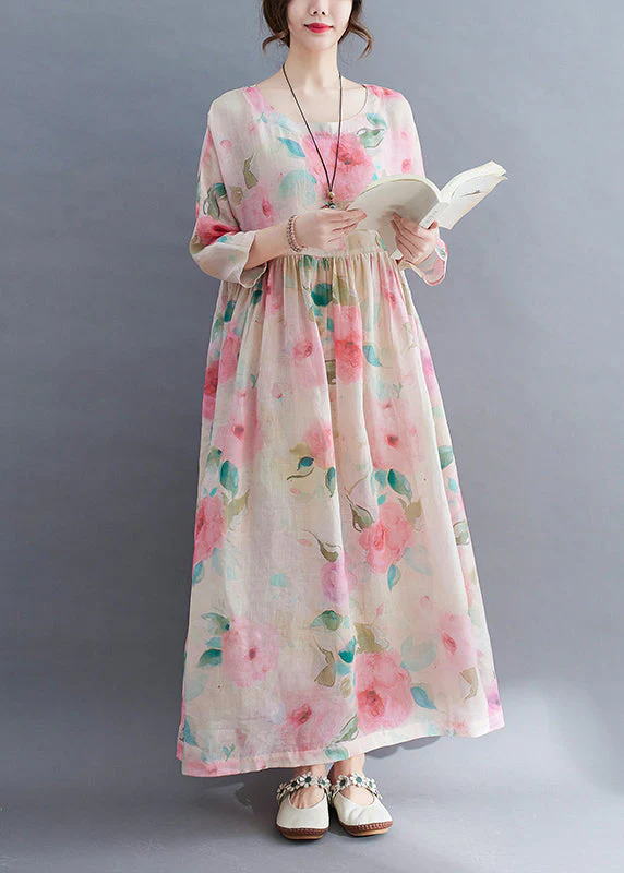Bohemian O-Neck Cinched Floral Print vacation Dress Three Quarter sleeve - Image 2
