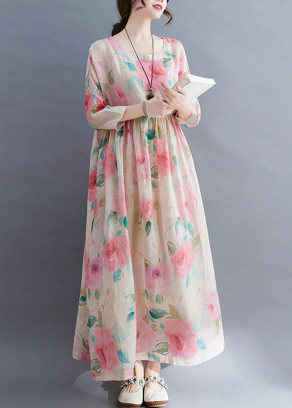 Bohemian O-Neck Cinched Floral Print vacation Dress Three Quarter sleeve - Image 3