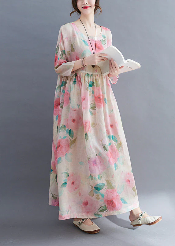 Bohemian O-Neck Cinched Floral Print vacation Dress Three Quarter sleeve - Image 4