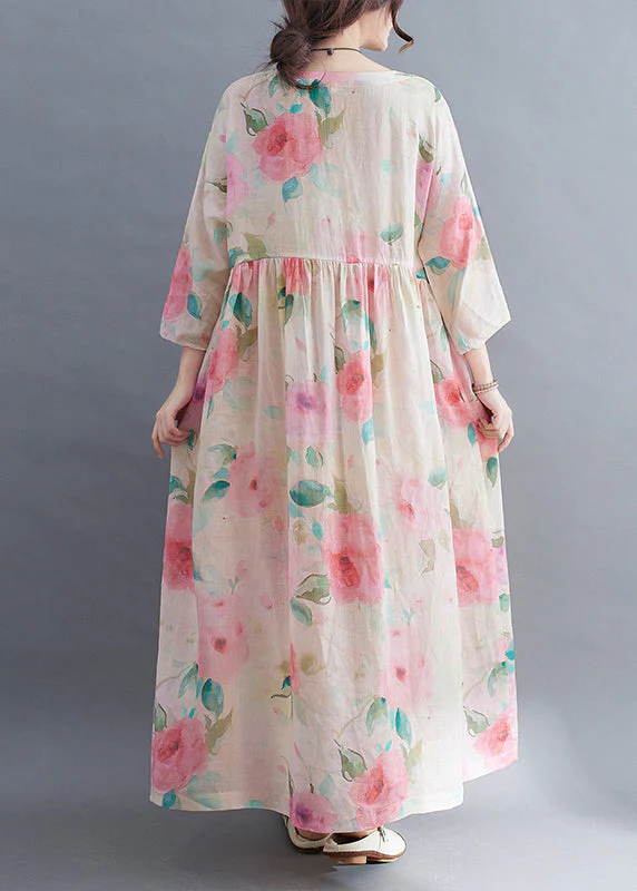 Bohemian O-Neck Cinched Floral Print vacation Dress Three Quarter sleeve - Image 5