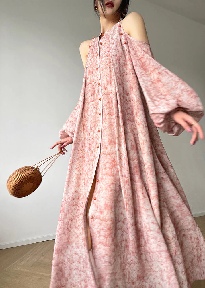 Bohemian O-Neck Print Button Pockets Tie Waist Chiffon Long Dresses Long Sleeve - Image 2