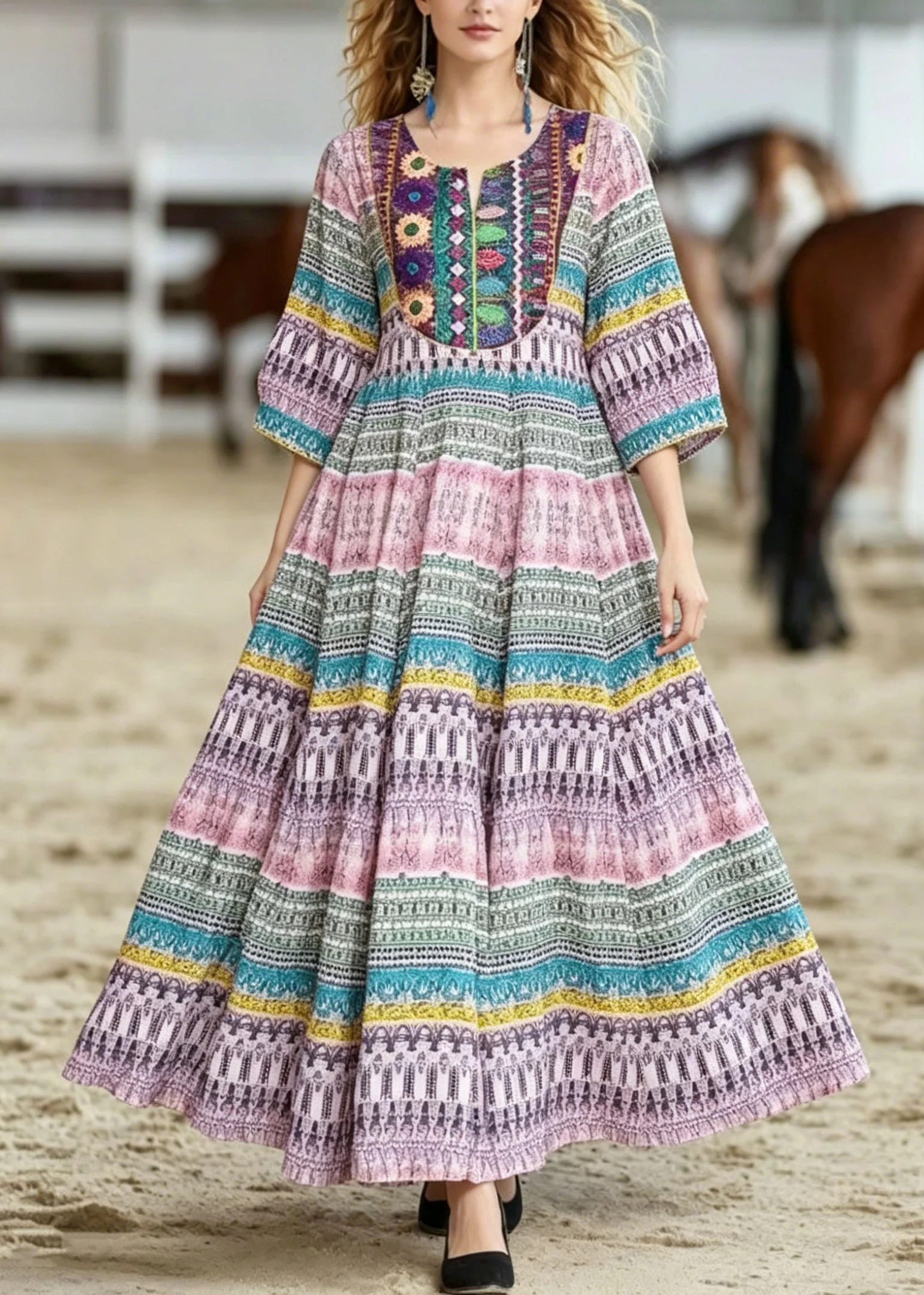 Bohemian O Neck Print Wrinkled Cotton Dresses Summer - Image 3