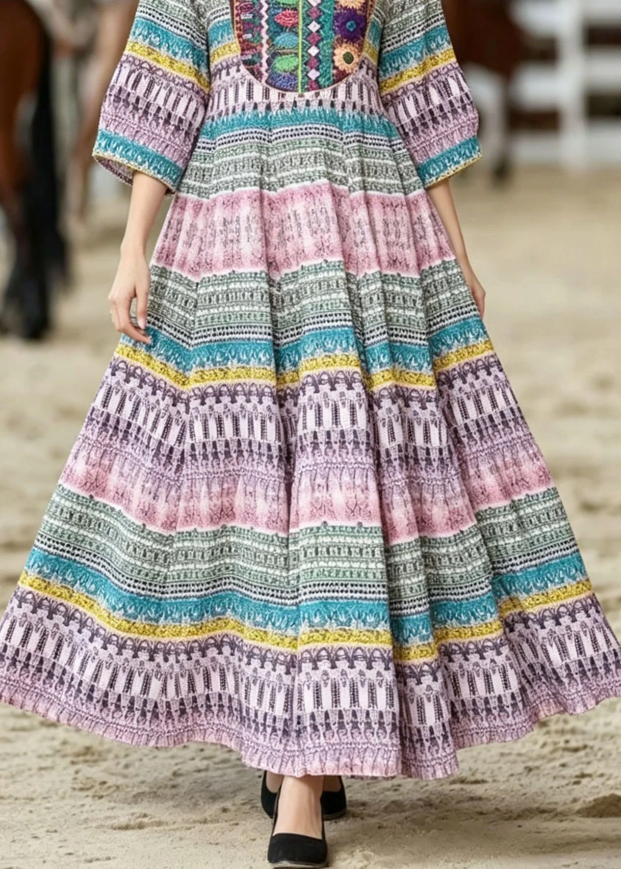 Bohemian O Neck Print Wrinkled Cotton Dresses Summer - Image 4