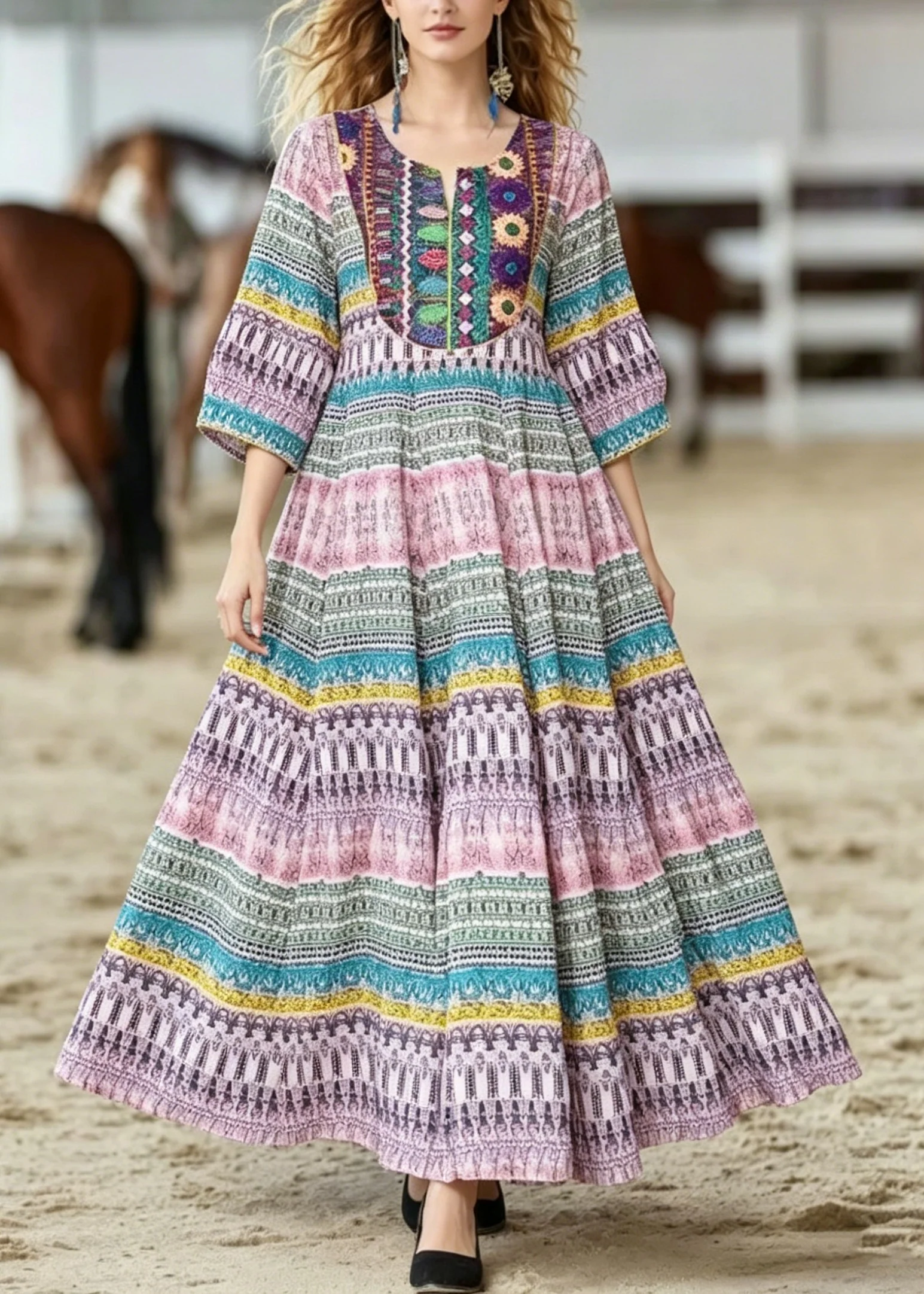 Bohemian O Neck Print Wrinkled Cotton Dresses Summer - Image 5