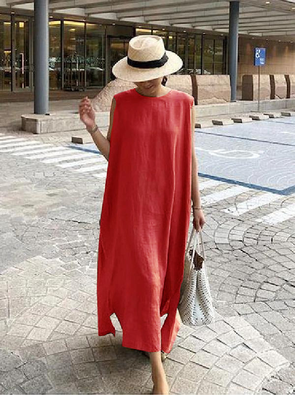 Bohemian O Neck Side Open Linen Cotton Clothes Fabrics White flowers Dress - Image 9