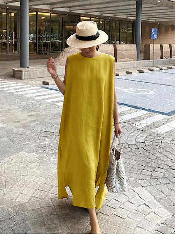 Bohemian O Neck Side Open Linen Cotton Clothes Fabrics Color Geometry Dress - Image 11