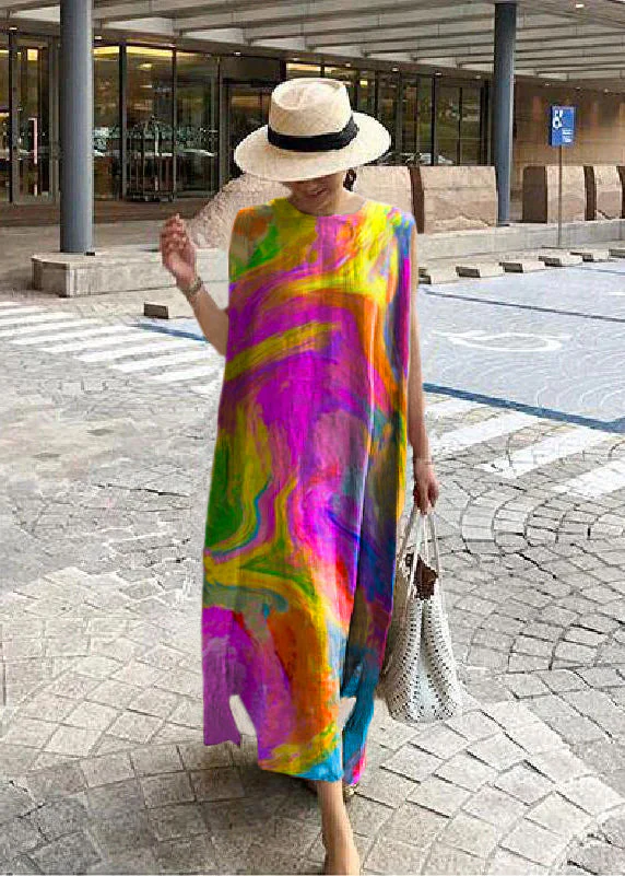 Bohemian O Neck Side Open Linen Cotton Clothes Fabrics Color Geometry Dress - Image 16