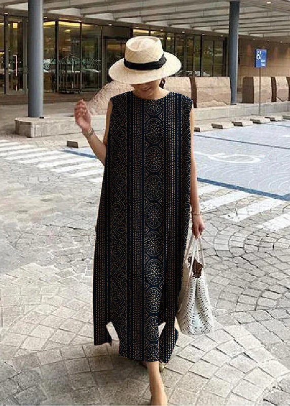 Bohemian O Neck Side Open Linen Cotton Clothes Fabrics Color Geometry Dress - Image 5