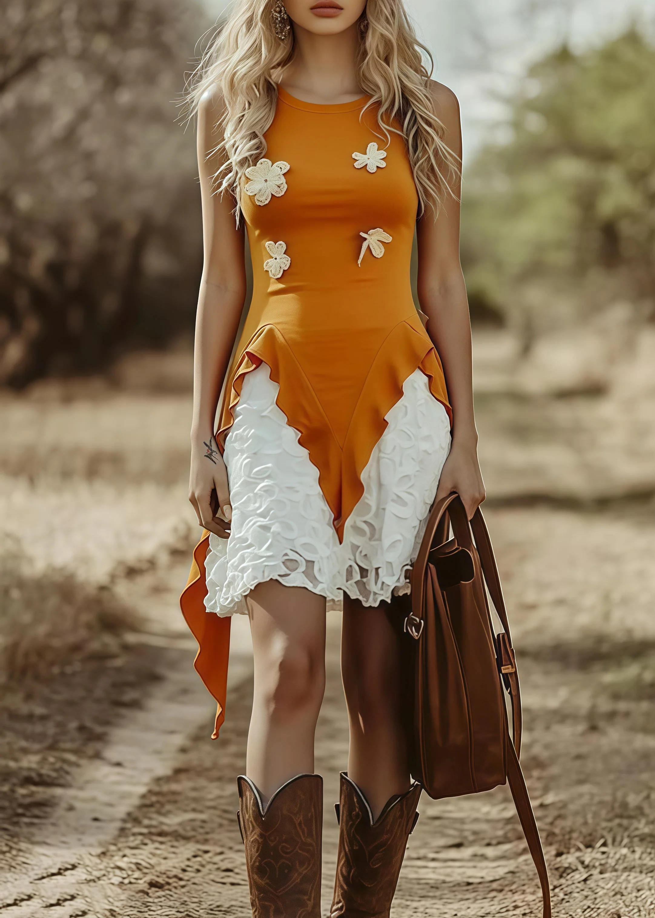Bohemian Orange Asymmetrical Floral Cotton Tanks Sleeveless - Image 4