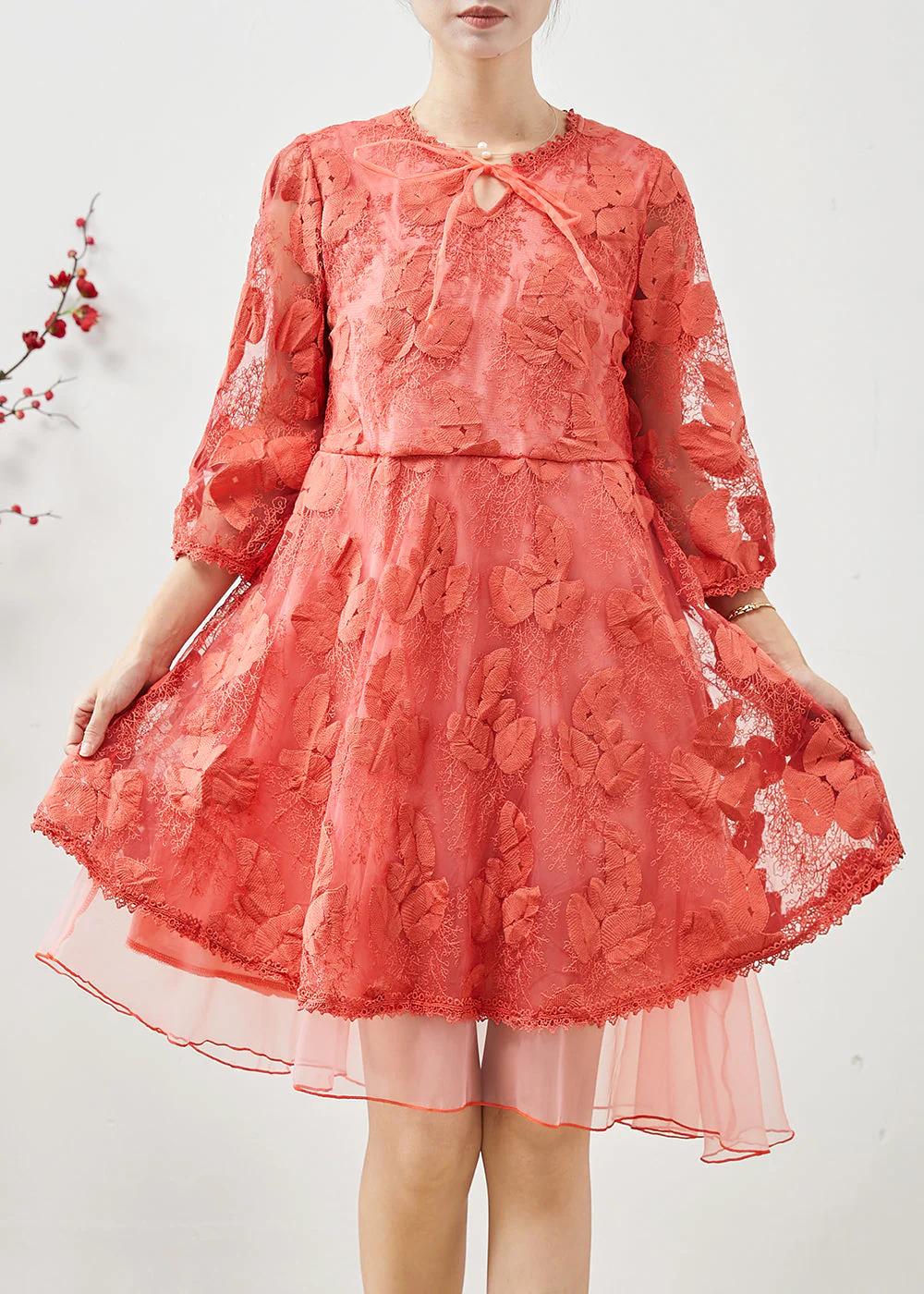 Bohemian Orange Embroidered Tulle Vacation Dress Bracelet Sleeve - Image 2