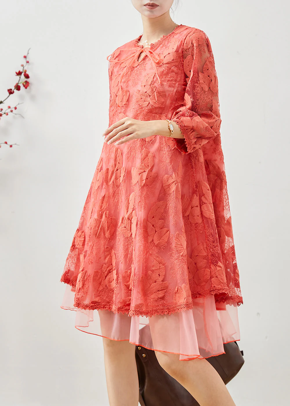 Bohemian Orange Embroidered Tulle Vacation Dress Bracelet Sleeve - Image 3