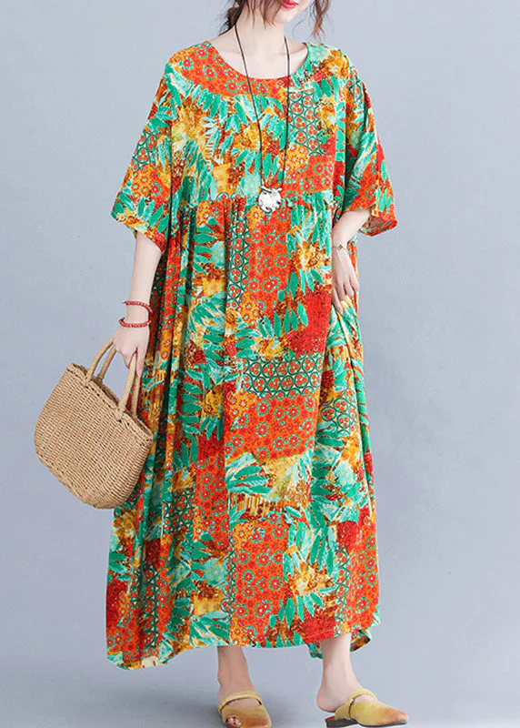 Bohemian Orange O-Neck Print Cozy Maxi Dresses Summer - Image 3
