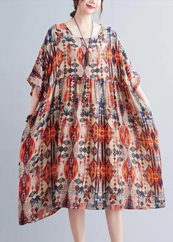 Bohemian Orange O-Neck Print Holiday Maxi Dress Summer - Image 3