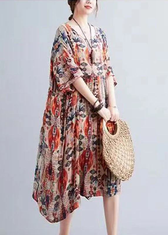 Bohemian Orange O-Neck Print Holiday Maxi Dress Summer - Image 4