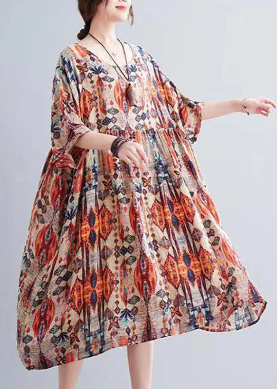 Bohemian Orange O-Neck Print Holiday Maxi Dress Summer - Image 5
