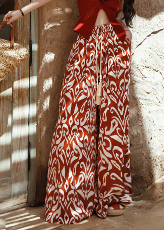 Bohemian Orange Print Tie Waist Wide Leg Pants Summer - Image 2