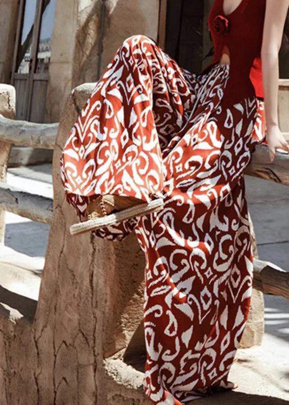 Bohemian Orange Print Tie Waist Wide Leg Pants Summer - Image 3