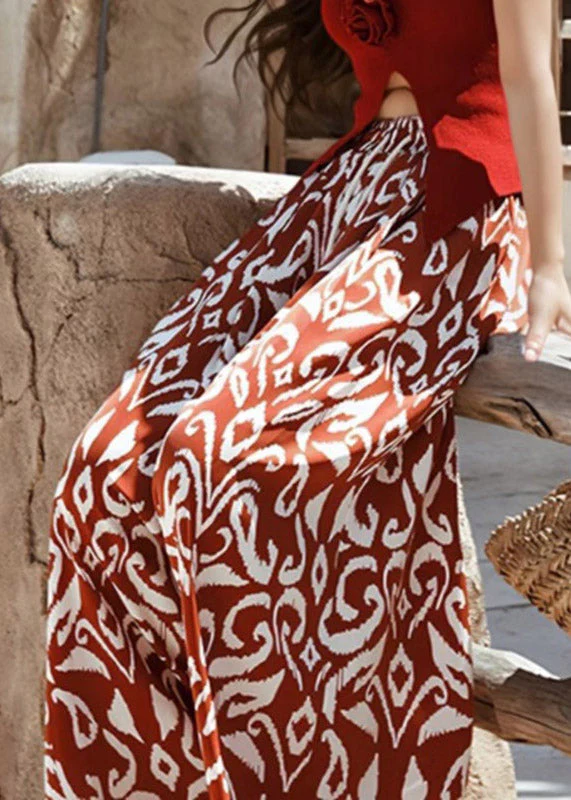Bohemian Orange Print Tie Waist Wide Leg Pants Summer - Image 4